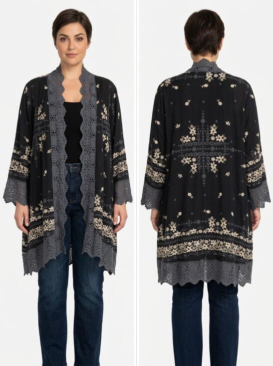 Johnny Was Other - Johnny Was Black Floral Knit Lace Trim Embroidered Kimono Women Size XL